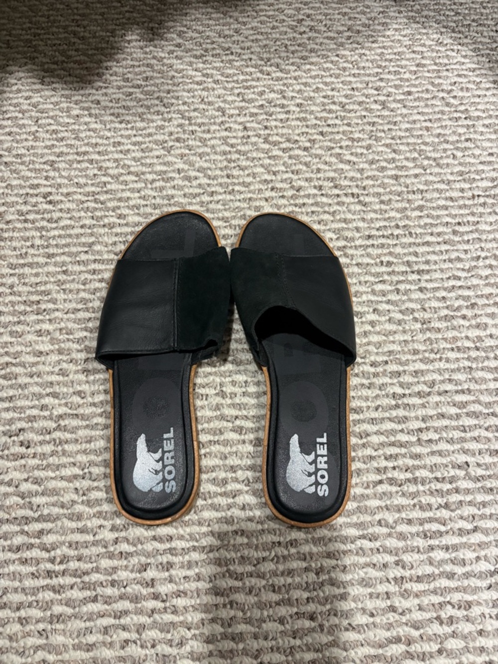 Sorel Black Leather Slide Mules with Tan Trim